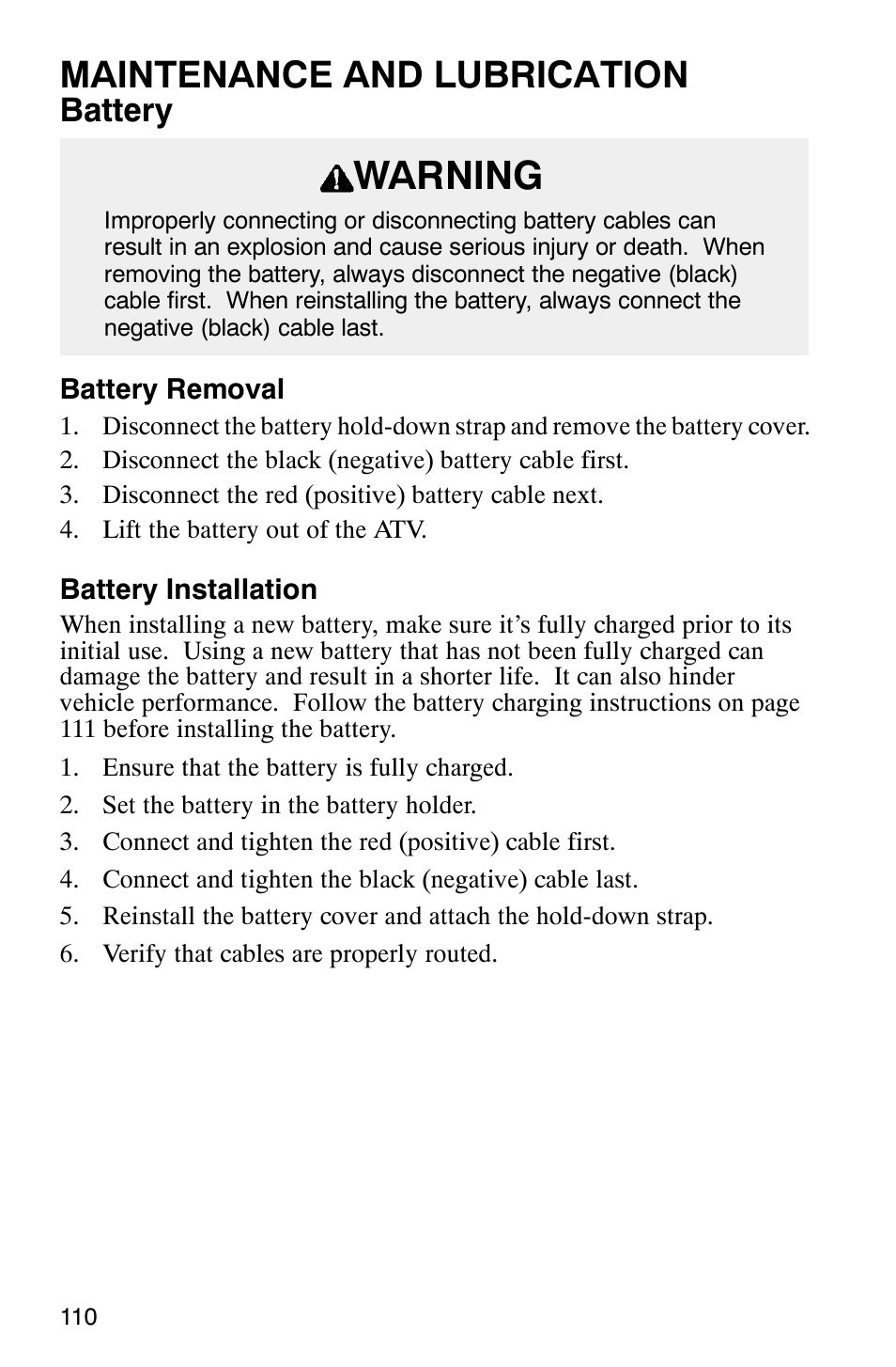 Warning, Maintenance and lubrication, Battery | Polaris Magnum 330 User Manual | Page 113 / 151