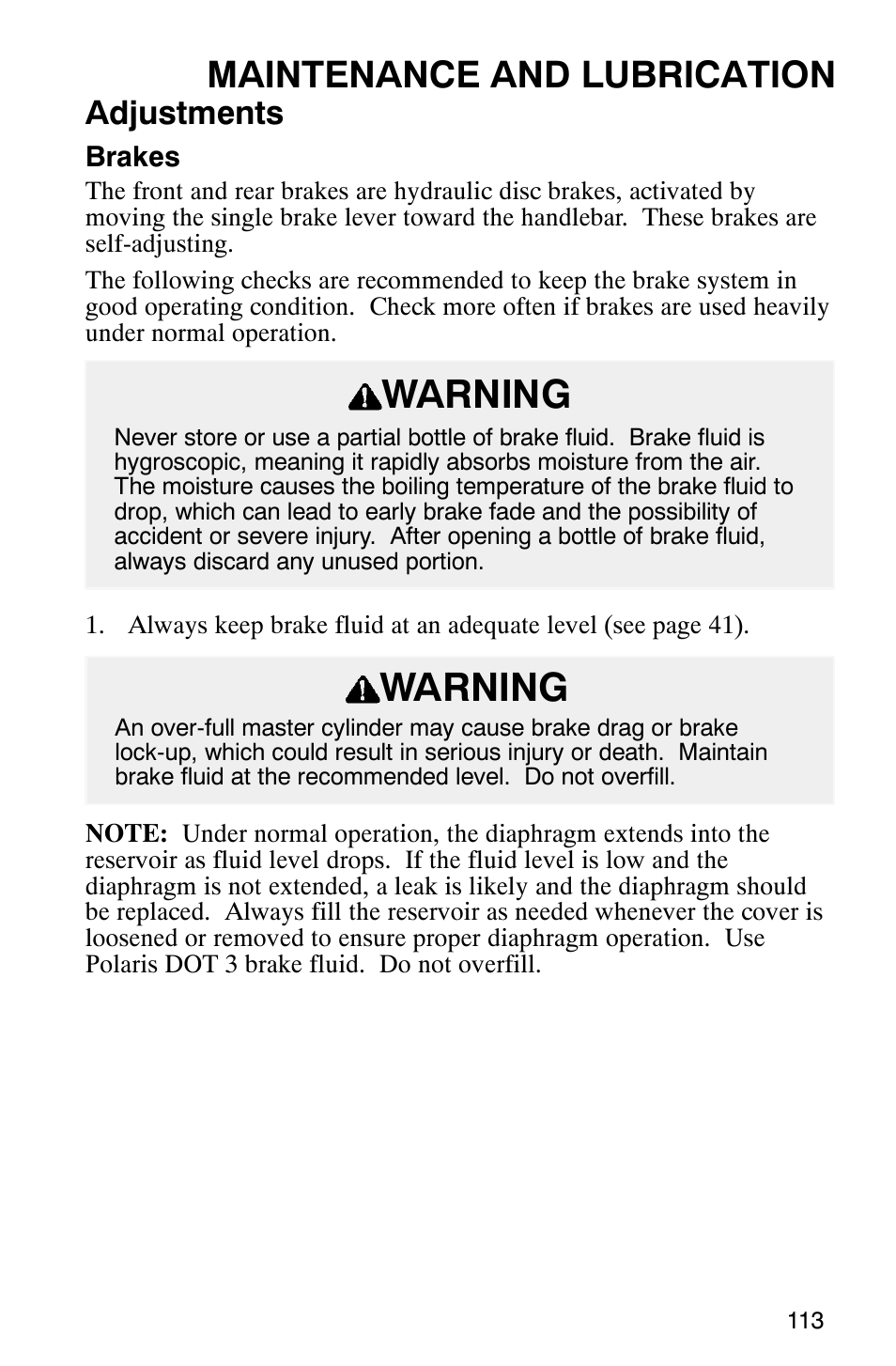 Warning, Maintenance and lubrication, Adjustments | Polaris Magnum 330 User Manual | Page 116 / 151