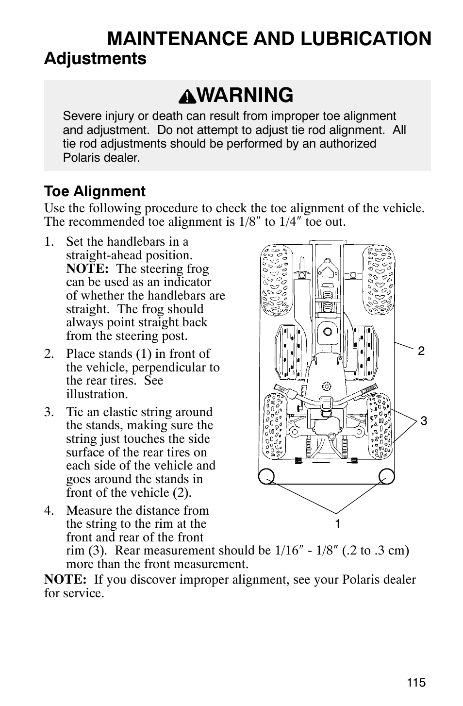 Warning, Maintenance and lubrication, Adjustments | Polaris Magnum 330 User Manual | Page 118 / 151