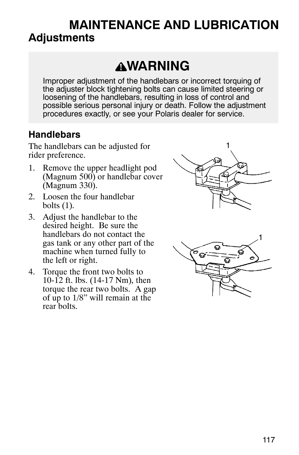 Warning, Maintenance and lubrication, Adjustments | Polaris Magnum 330 User Manual | Page 120 / 151