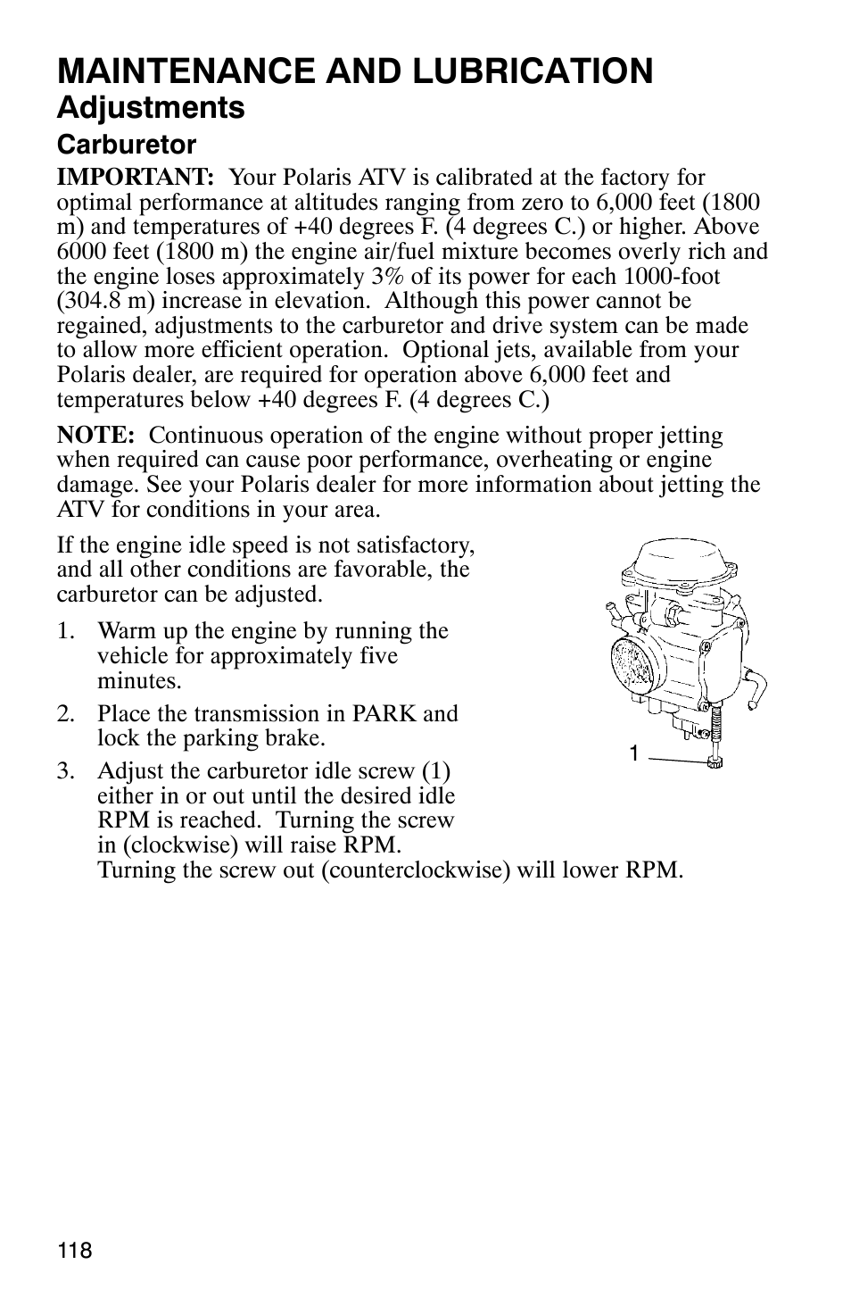 Maintenance and lubrication, Adjustments | Polaris Magnum 330 User Manual | Page 121 / 151