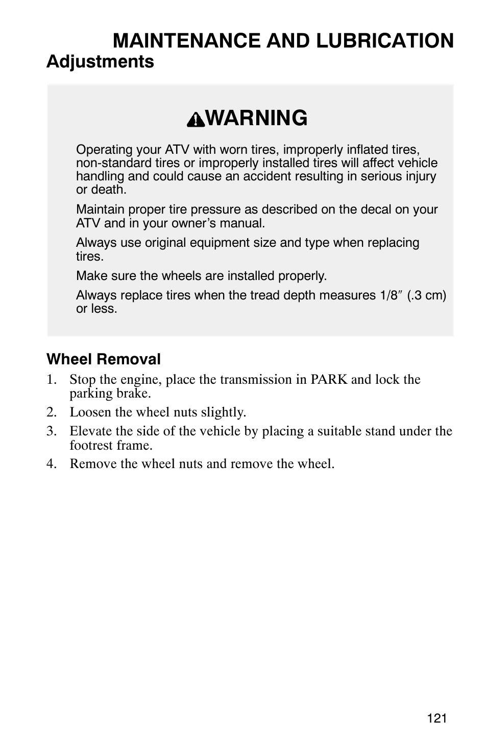 Warning, Maintenance and lubrication, Adjustments | Polaris Magnum 330 User Manual | Page 124 / 151