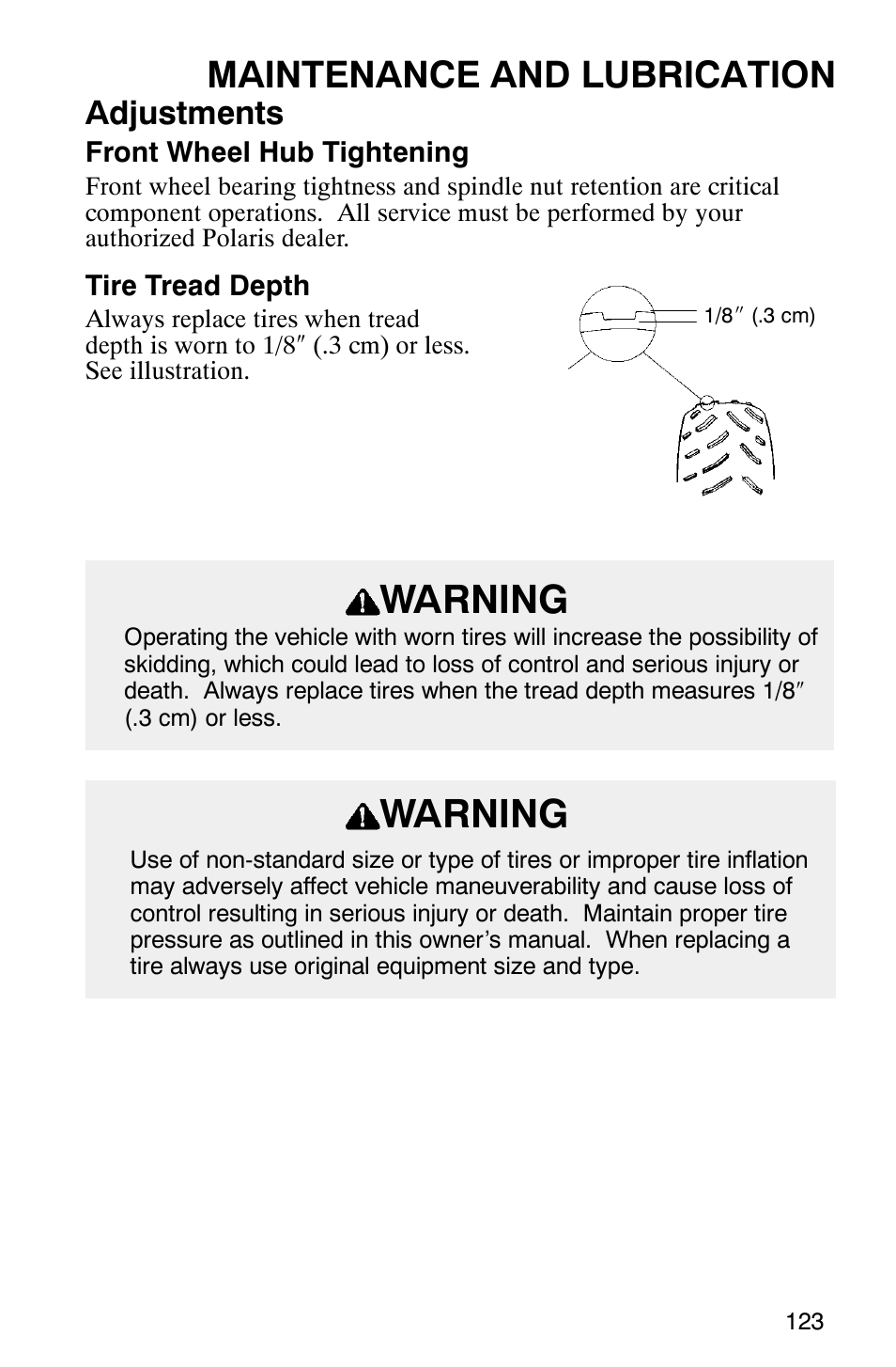 Warning, Maintenance and lubrication, Adjustments | Polaris Magnum 330 User Manual | Page 126 / 151
