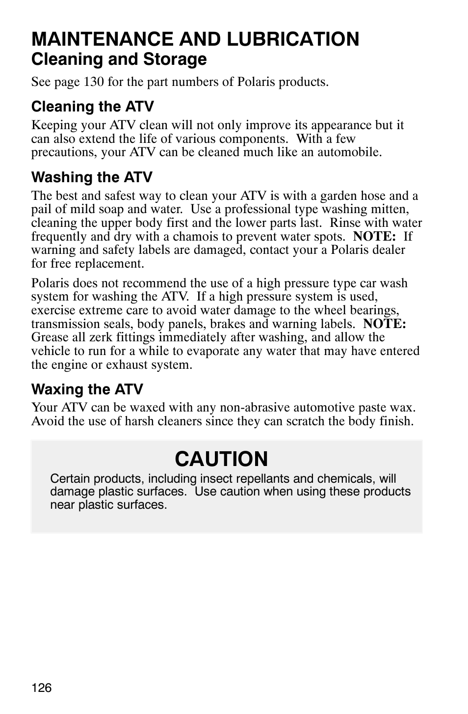 Caution, Maintenance and lubrication, Cleaning and storage | Polaris Magnum 330 User Manual | Page 129 / 151