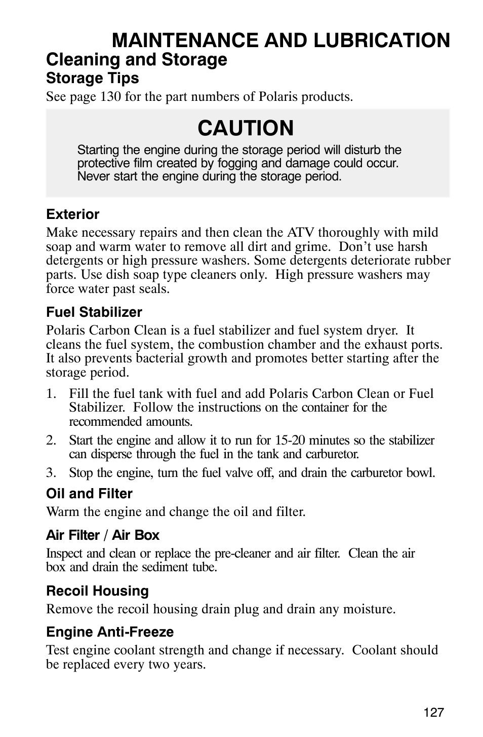 Caution, Maintenance and lubrication, Cleaning and storage | Polaris Magnum 330 User Manual | Page 130 / 151