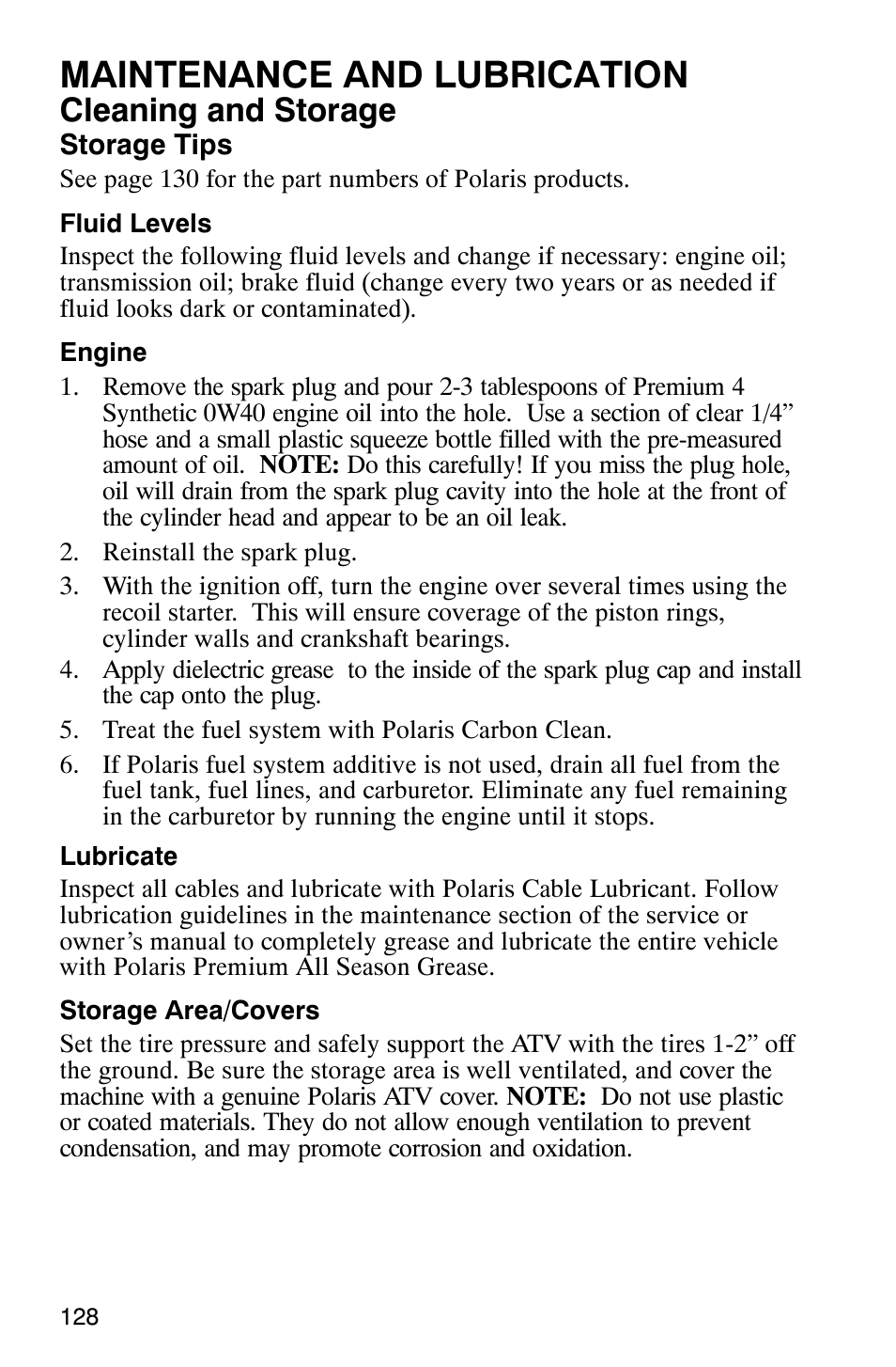 Maintenance and lubrication, Cleaning and storage | Polaris Magnum 330 User Manual | Page 131 / 151