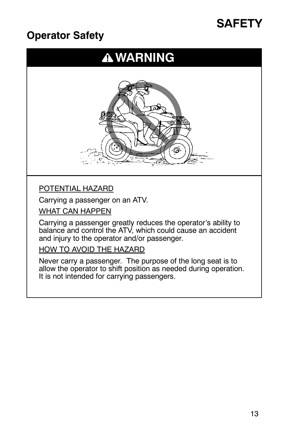 Warning, Safety, Operator safety | Polaris Magnum 330 User Manual | Page 16 / 151