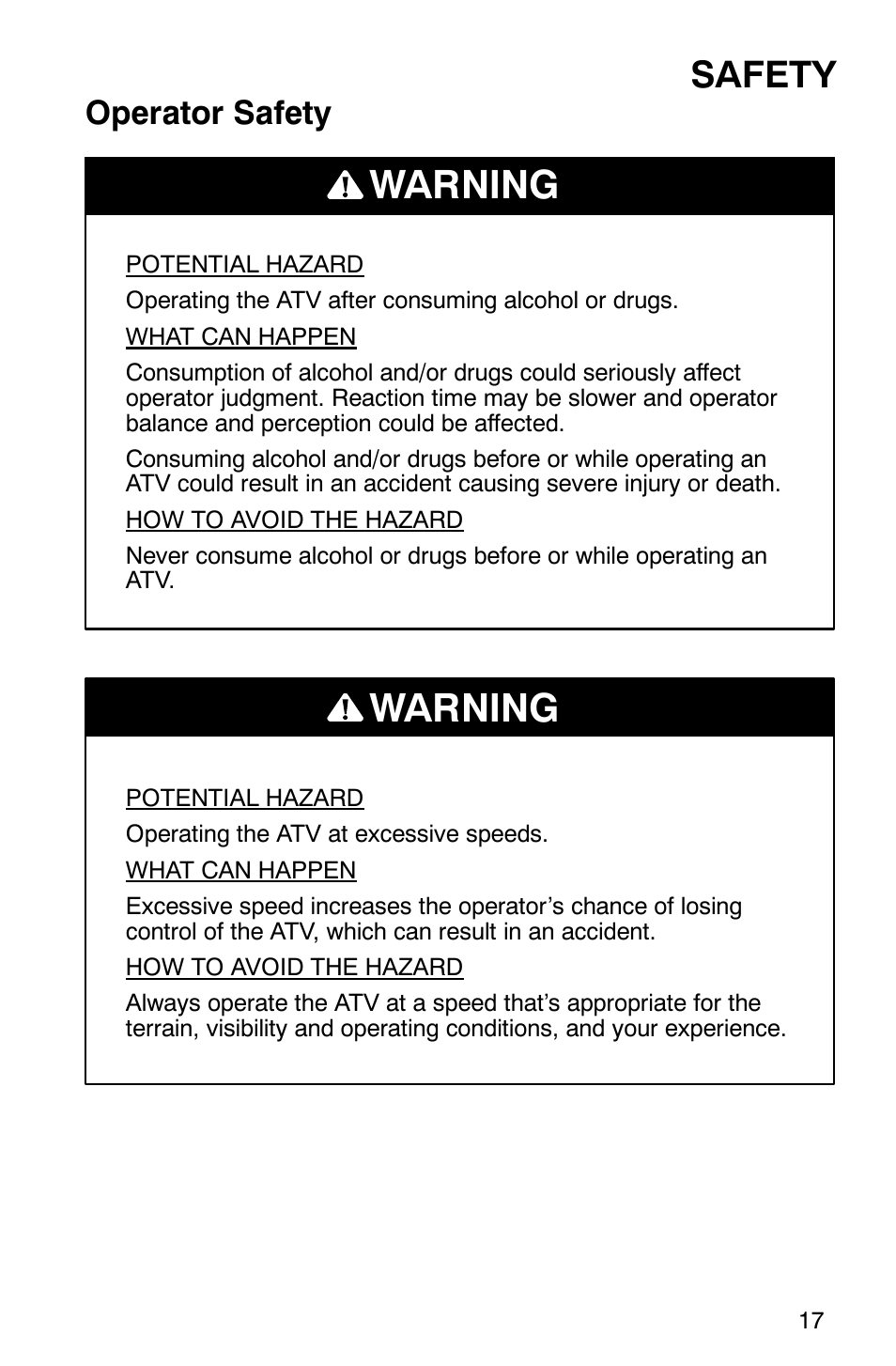 Warning, Safety, Operator safety | Polaris Magnum 330 User Manual | Page 20 / 151