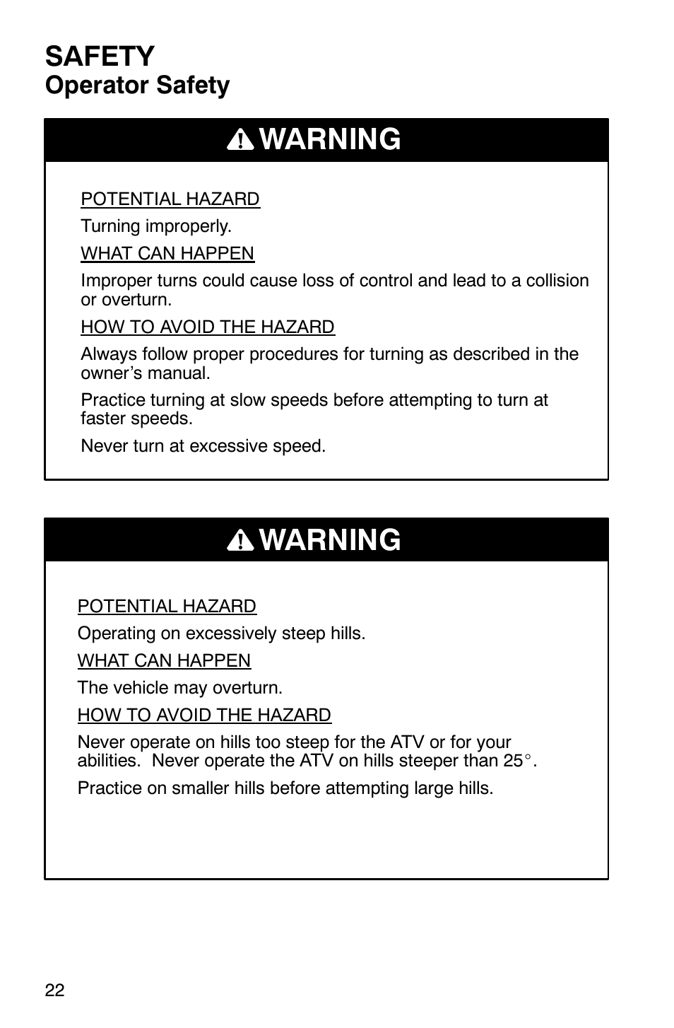 Warning, Safety, Operator safety | Polaris Magnum 330 User Manual | Page 25 / 151