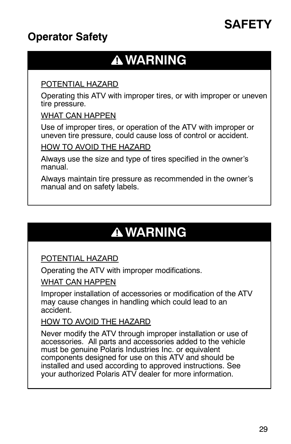 Warning, Safety, Operator safety | Polaris Magnum 330 User Manual | Page 32 / 151