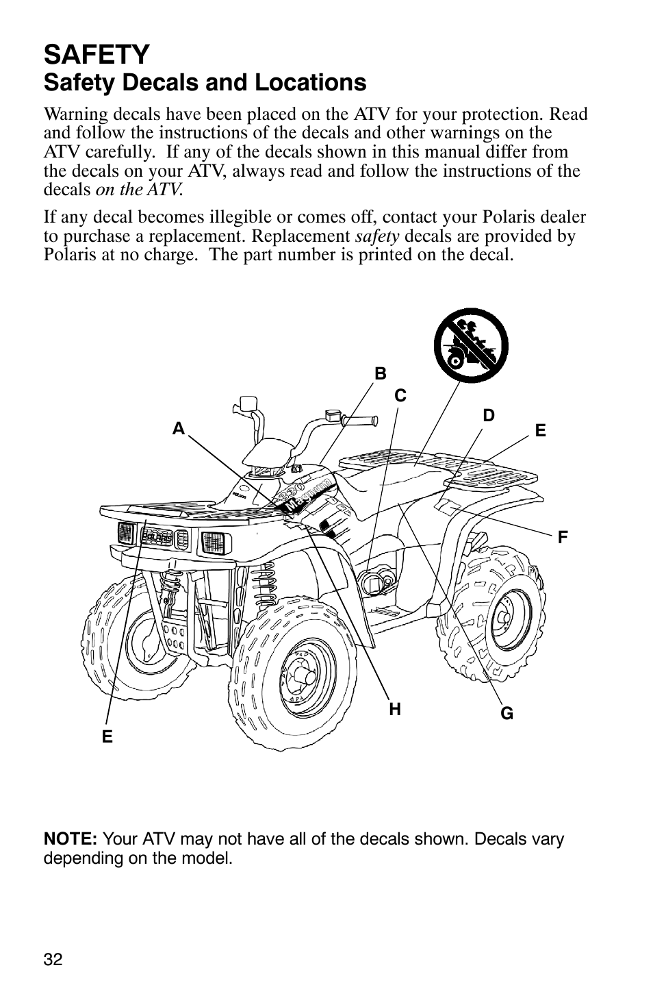 Safety, Safety decals and locations | Polaris Magnum 330 User Manual | Page 35 / 151