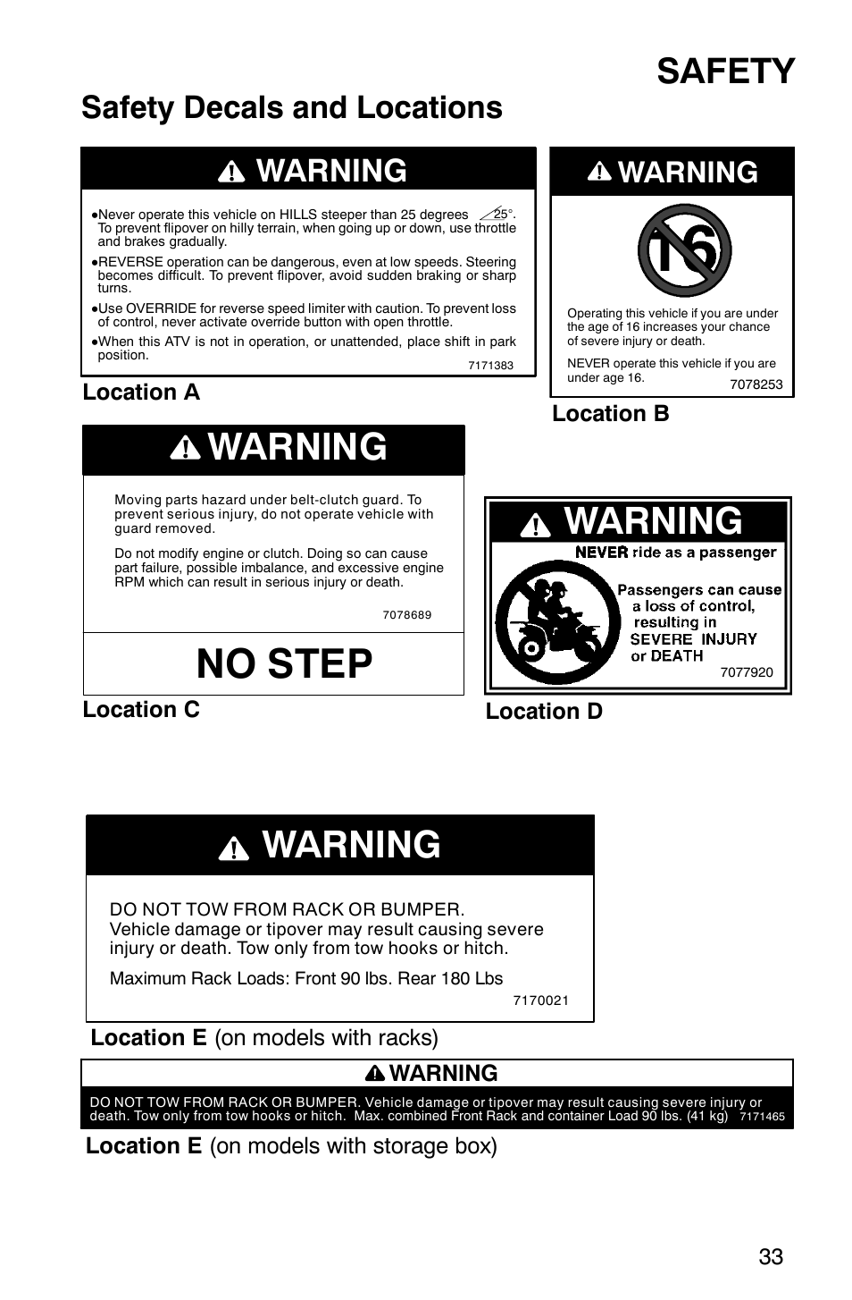 No step, Safety, Safety decals and locations | Warning, Location a, Location b, Location c, Location d location e (on models with racks), Warning location e (on models with storage box) | Polaris Magnum 330 User Manual | Page 36 / 151