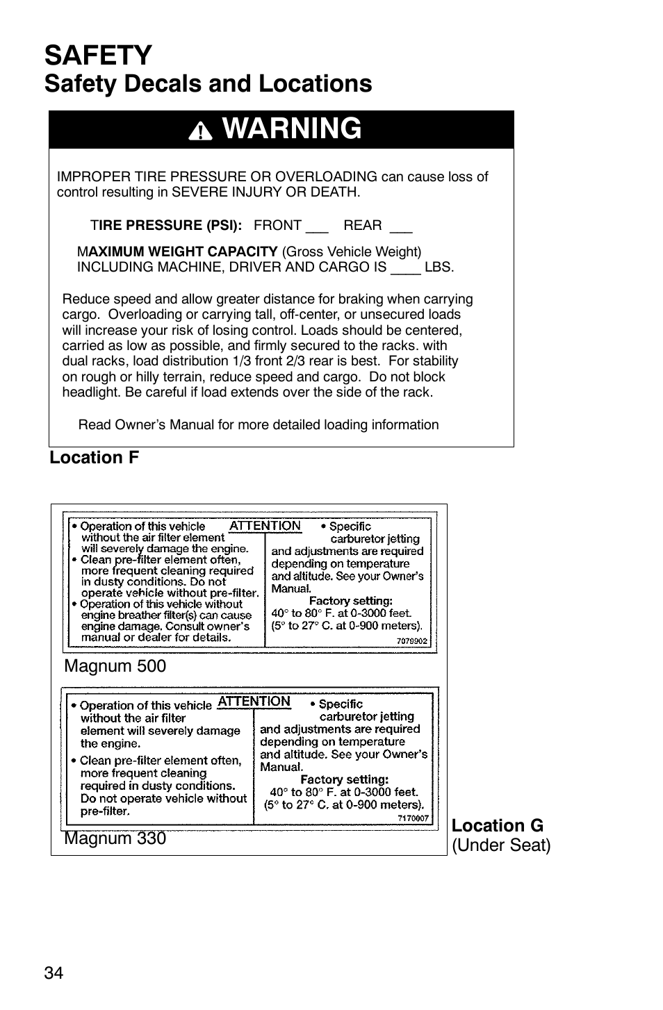 Warning, Safety, Safety decals and locations | Polaris Magnum 330 User Manual | Page 37 / 151