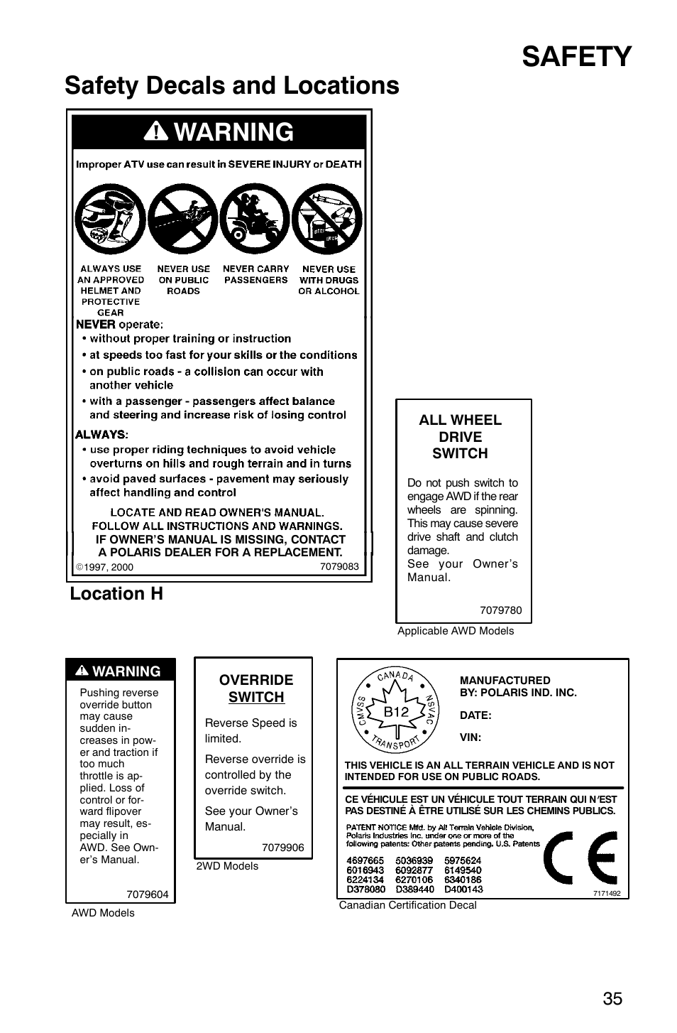 Safety, Safety decals and locations, Warning | Location h | Polaris Magnum 330 User Manual | Page 38 / 151