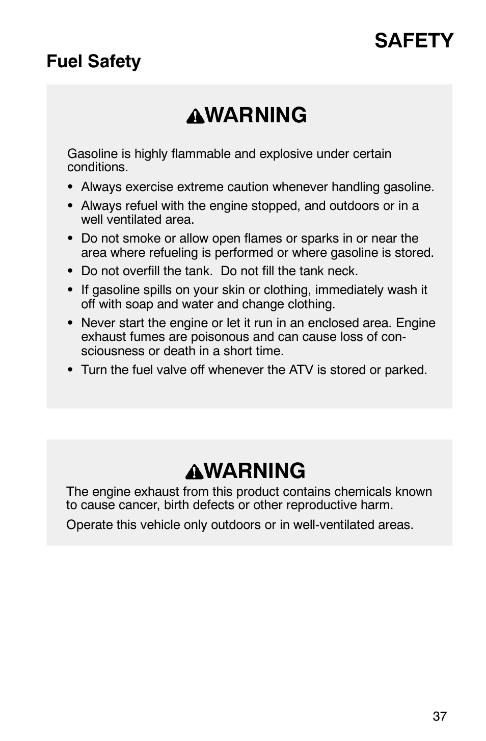 Warning, Safety, Fuel safety | Polaris Magnum 330 User Manual | Page 40 / 151