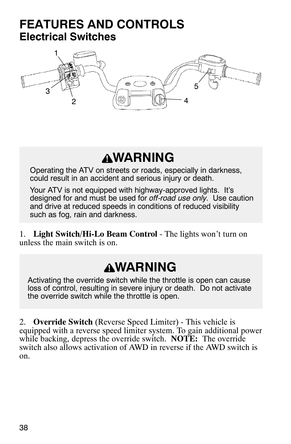 Warning, Features and controls, Electrical switches | Polaris Magnum 330 User Manual | Page 41 / 151