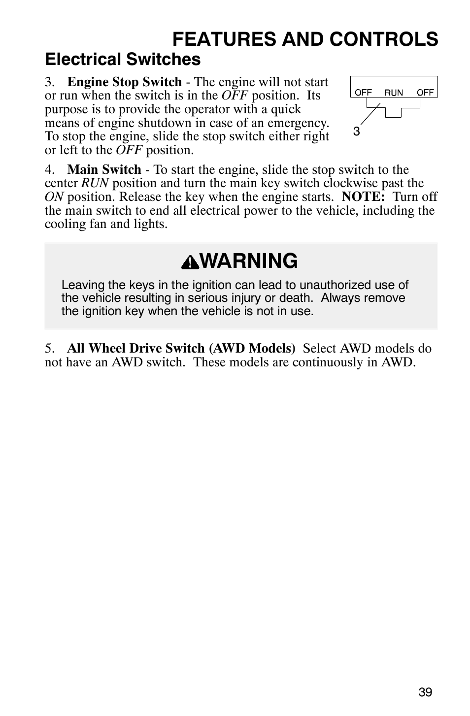 Warning, Features and controls, Electrical switches | Polaris Magnum 330 User Manual | Page 42 / 151