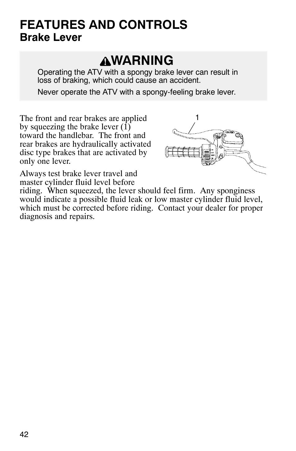 Warning, Features and controls, Brake lever | Polaris Magnum 330 User Manual | Page 45 / 151