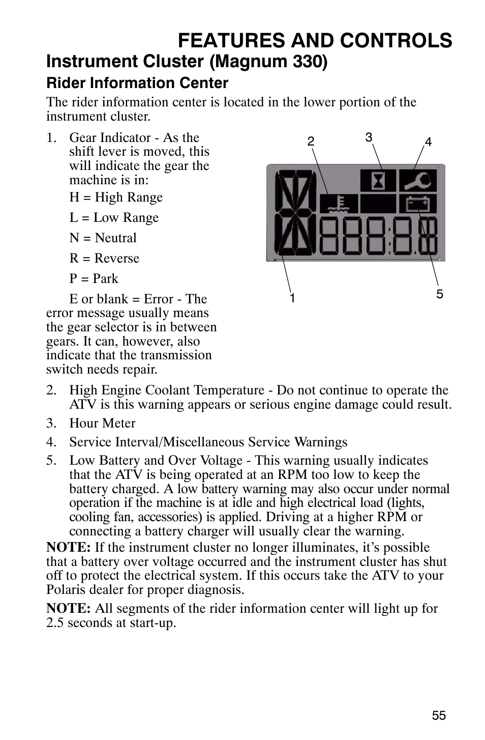 Features and controls, Instrument cluster (magnum 330) | Polaris Magnum 330 User Manual | Page 58 / 151