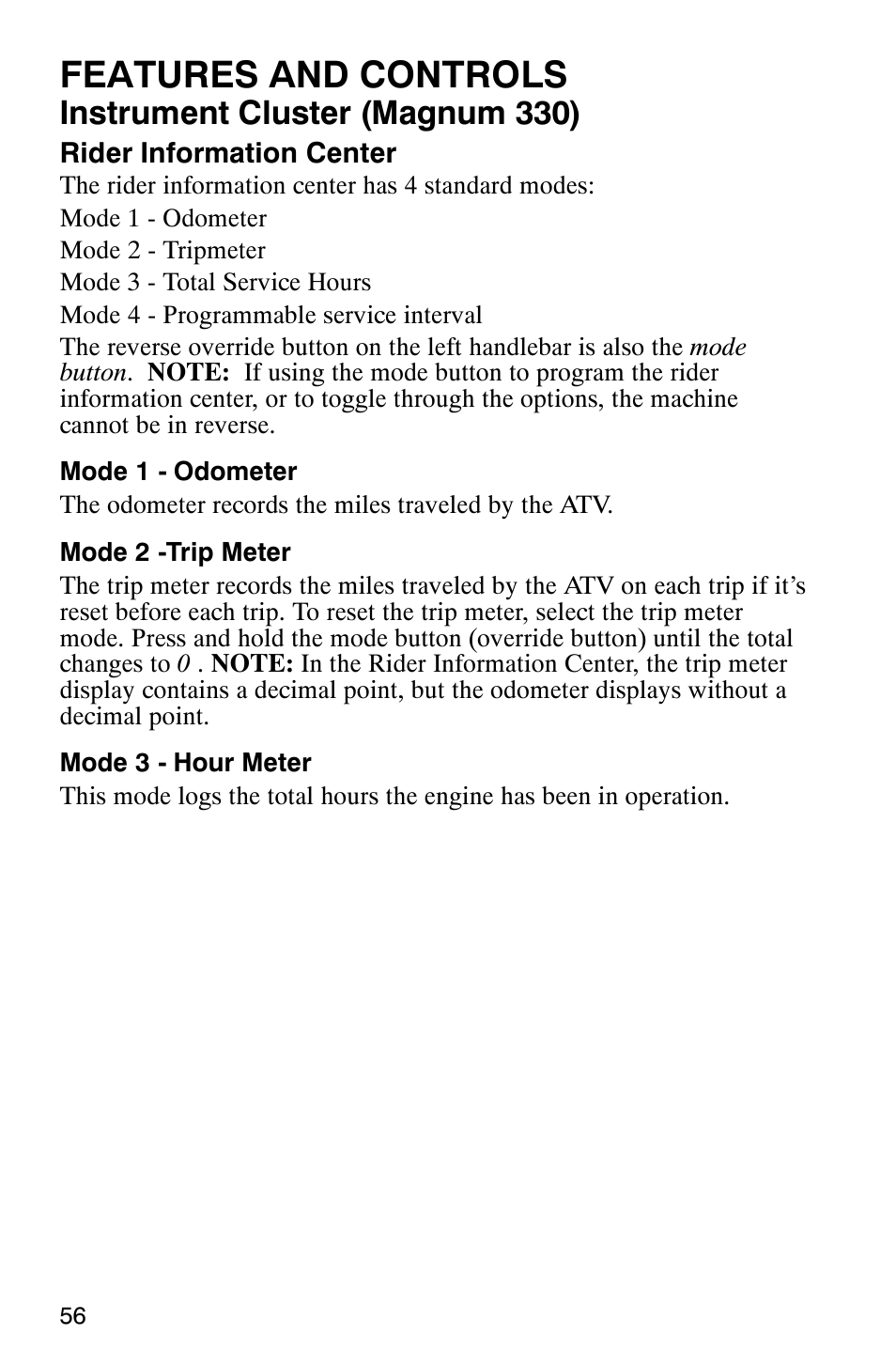 Features and controls, Instrument cluster (magnum 330) | Polaris Magnum 330 User Manual | Page 59 / 151