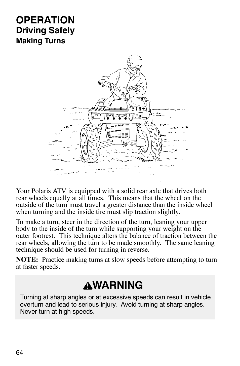 Warning, Operation, Driving safely | Polaris Magnum 330 User Manual | Page 67 / 151
