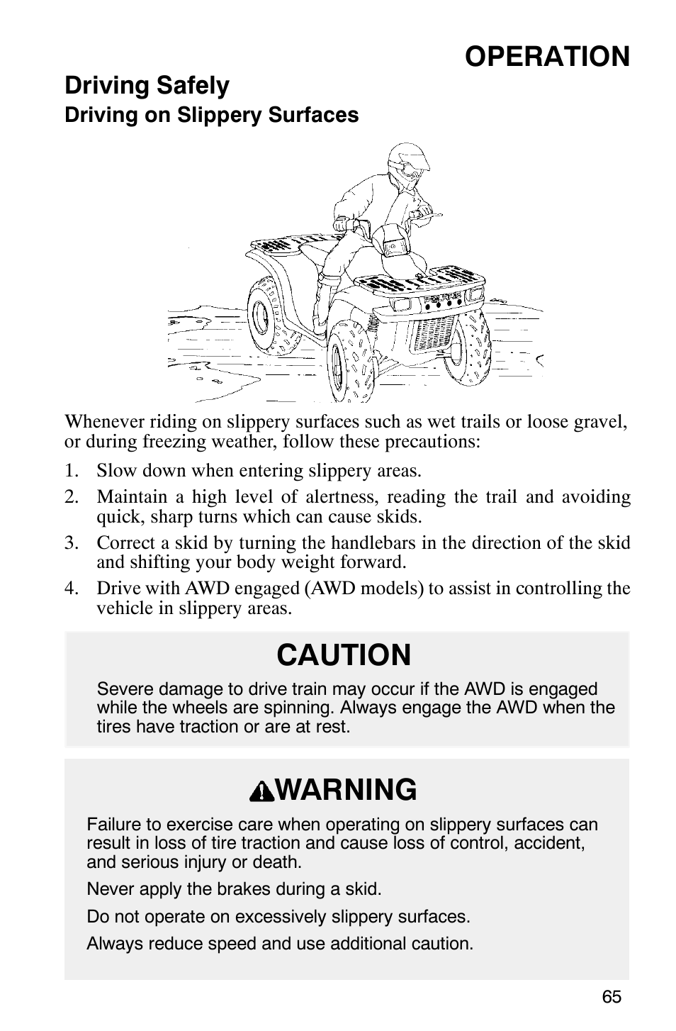 Caution warning, Operation, Driving safely | Polaris Magnum 330 User Manual | Page 68 / 151