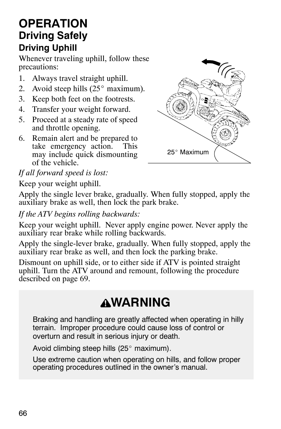 Warning, Operation, Driving safely | Polaris Magnum 330 User Manual | Page 69 / 151