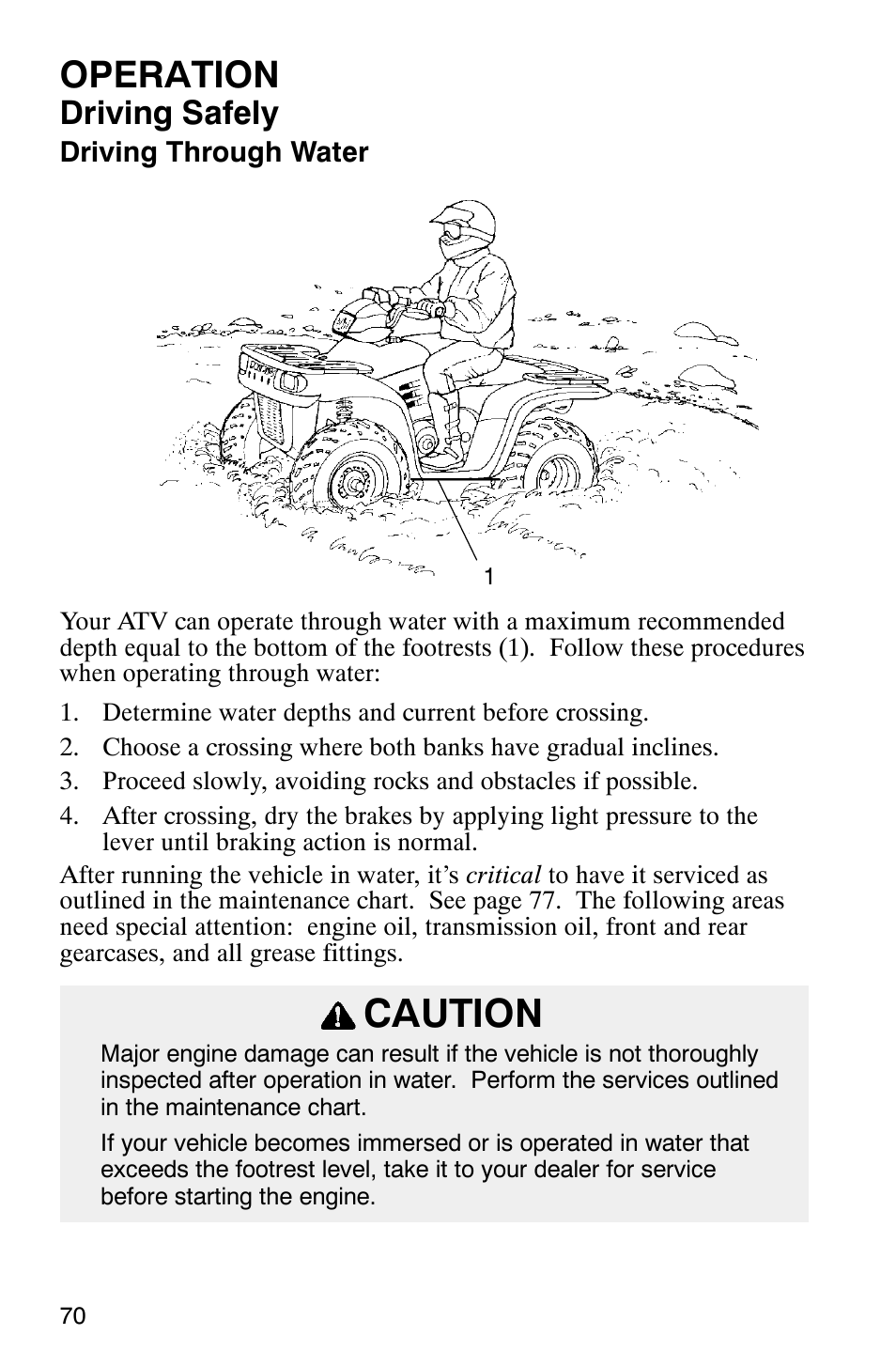 Caution, Operation, Driving safely | Polaris Magnum 330 User Manual | Page 73 / 151