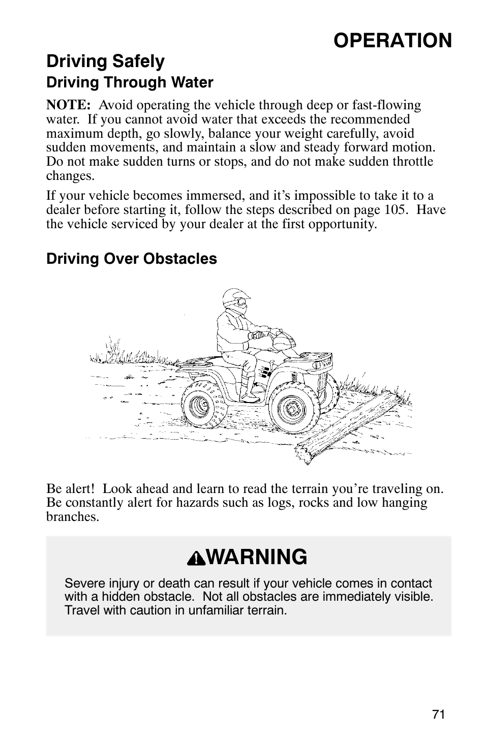 Warning, Operation, Driving safely | Polaris Magnum 330 User Manual | Page 74 / 151