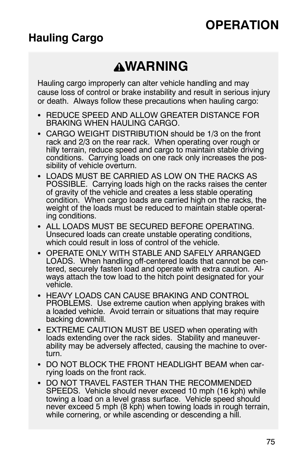 Warning, Operation, Hauling cargo | Polaris Magnum 330 User Manual | Page 78 / 151