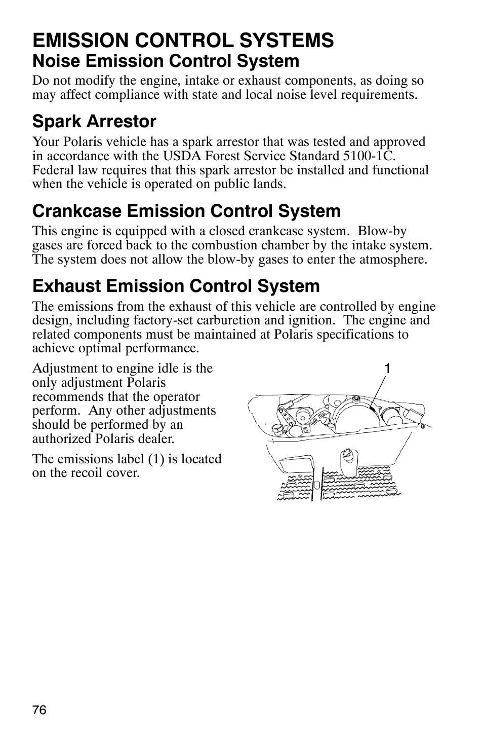 Emission control systems, Noise emission control system, Spark arrestor | Crankcase emission control system, Exhaust emission control system | Polaris Magnum 330 User Manual | Page 79 / 151