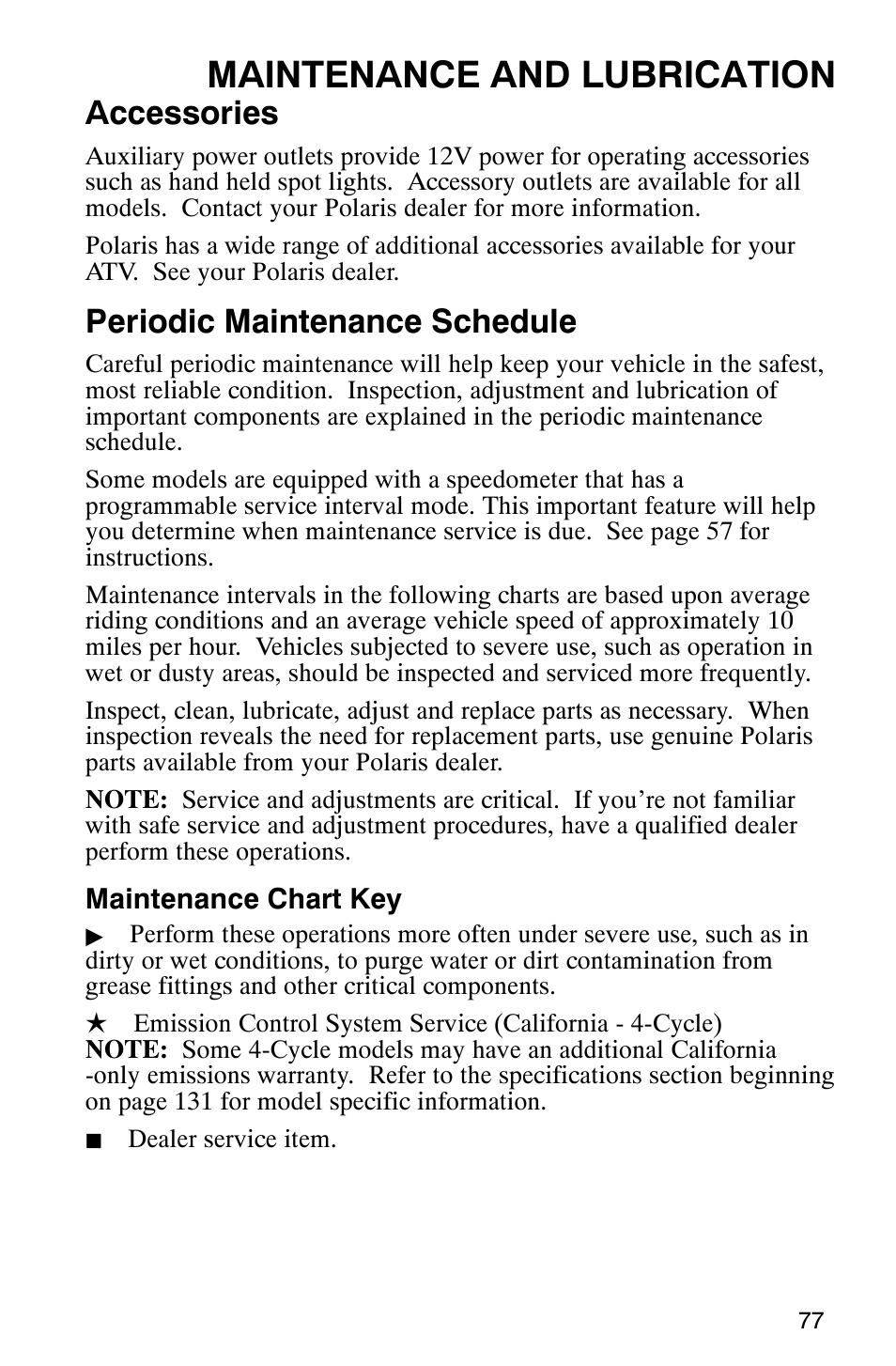 Maintenance and lubrication, Accessories, Periodic maintenance schedule | Polaris Magnum 330 User Manual | Page 80 / 151