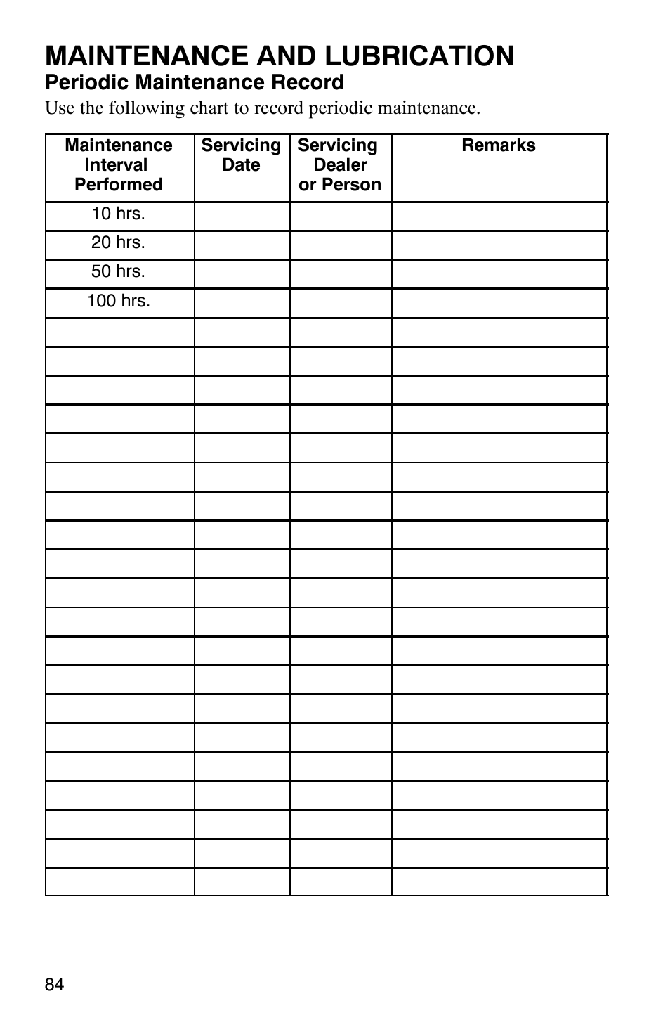 Maintenance and lubrication, Periodic maintenance record | Polaris Magnum 330 User Manual | Page 87 / 151
