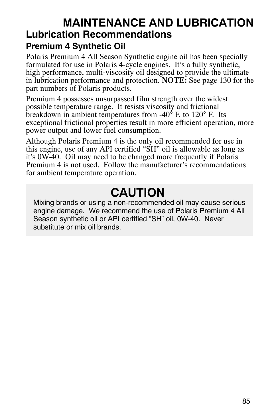 Caution, Maintenance and lubrication, Lubrication recommendations | Polaris Magnum 330 User Manual | Page 88 / 151