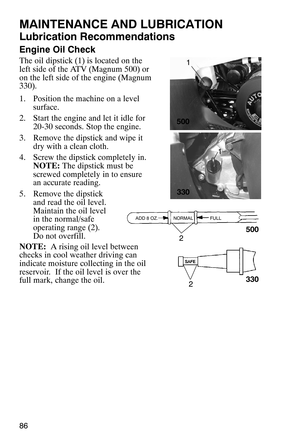 Maintenance and lubrication, Lubrication recommendations, Engine oil check | Polaris Magnum 330 User Manual | Page 89 / 151