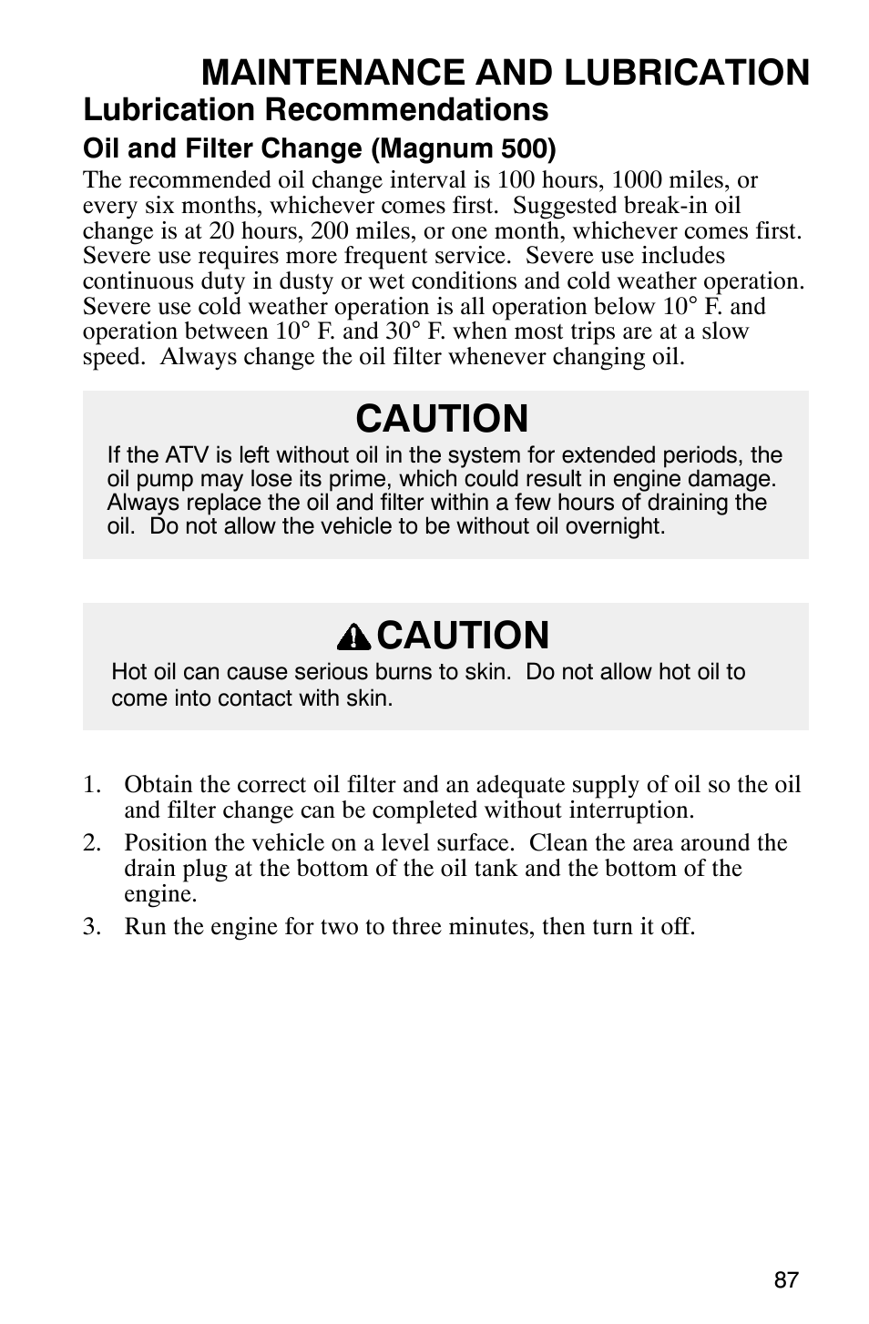 Caution, Maintenance and lubrication, Lubrication recommendations | Polaris Magnum 330 User Manual | Page 90 / 151