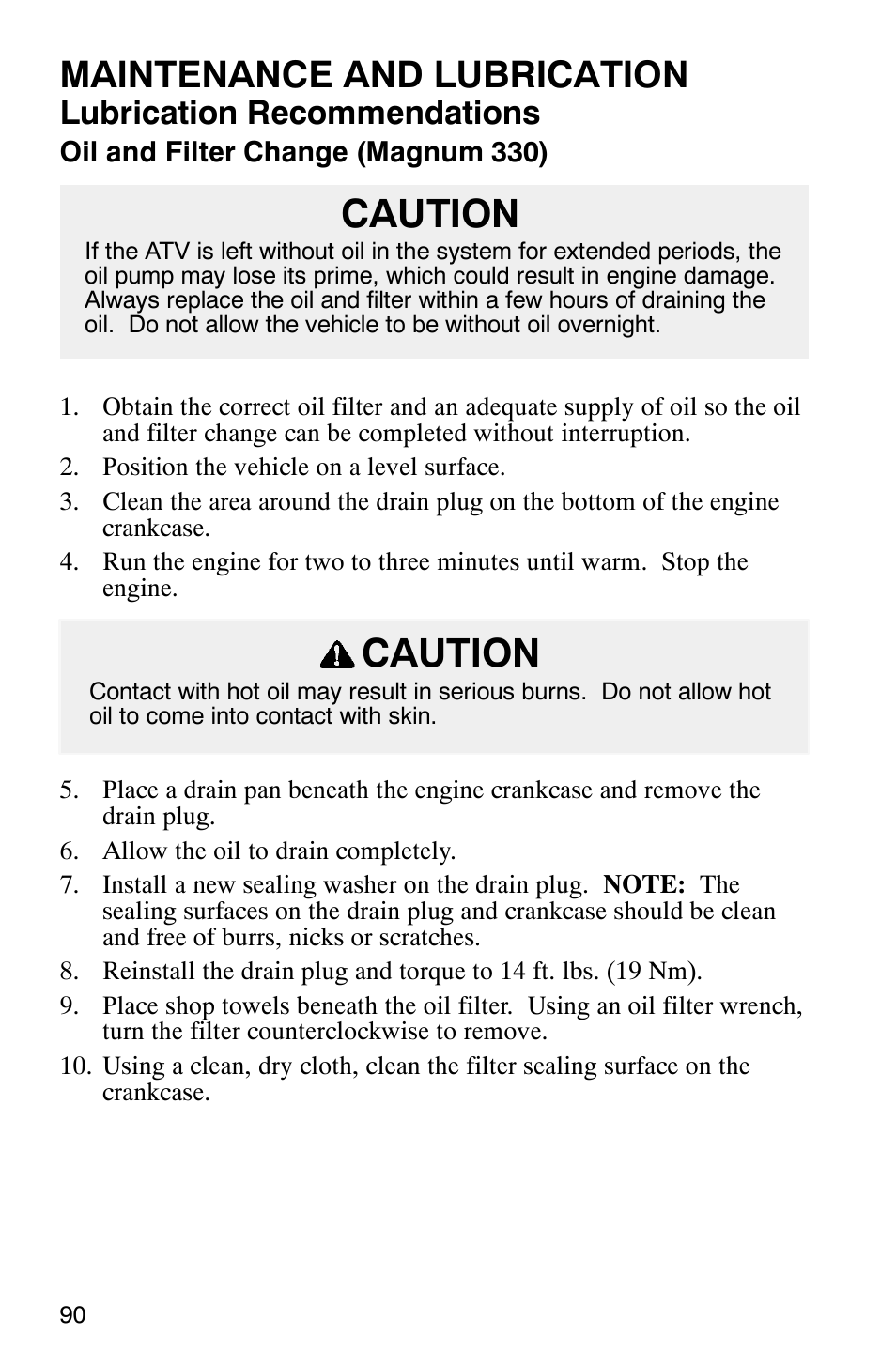 Caution, Maintenance and lubrication, Lubrication recommendations | Polaris Magnum 330 User Manual | Page 93 / 151