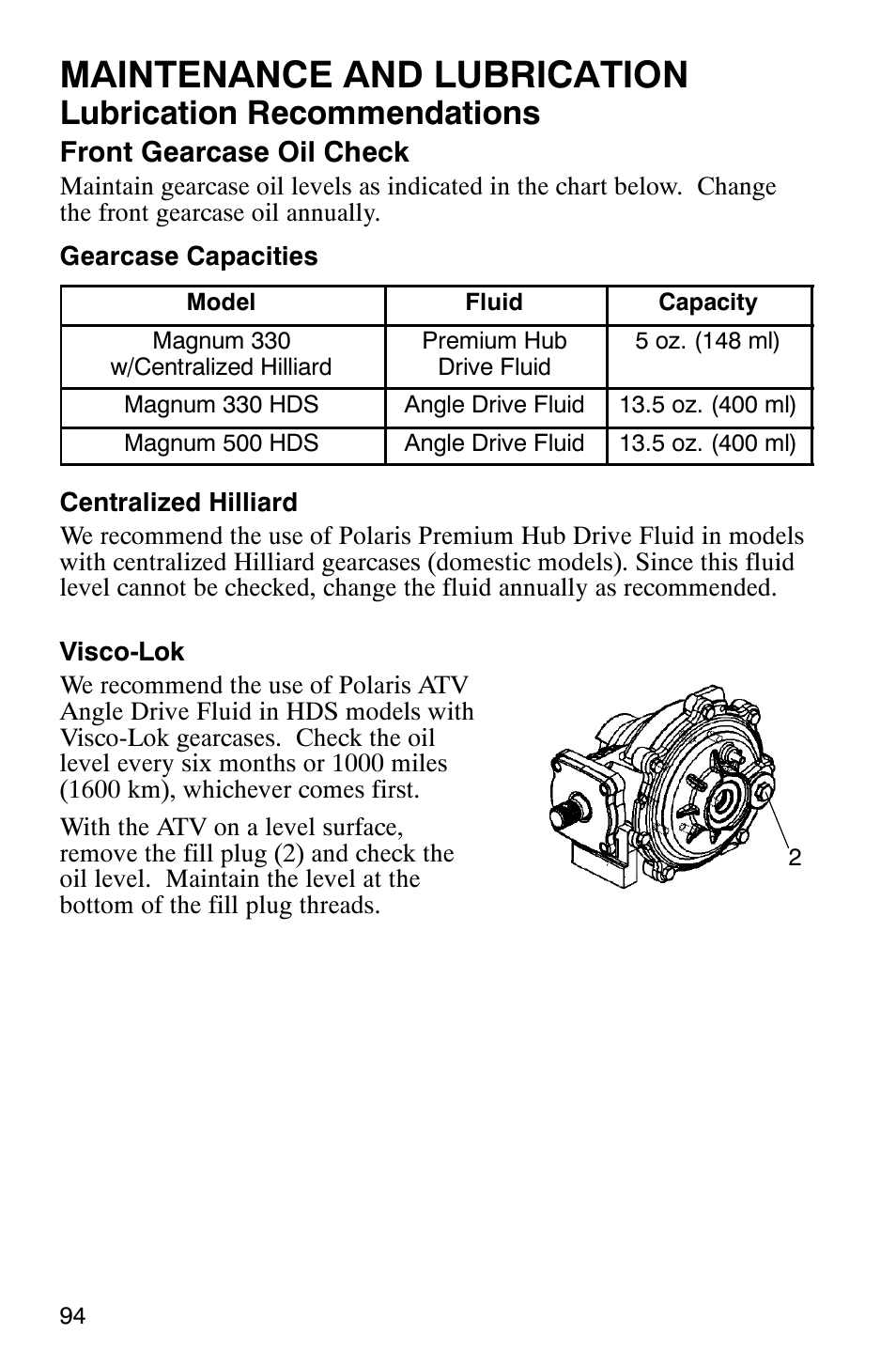 Maintenance and lubrication, Lubrication recommendations | Polaris Magnum 330 User Manual | Page 97 / 151