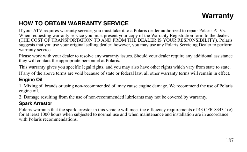Warranty | Polaris Outlaw 9922079 User Manual | Page 190 / 203