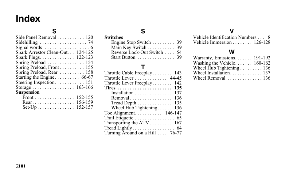 Index | Polaris Outlaw 9922079 User Manual | Page 203 / 203