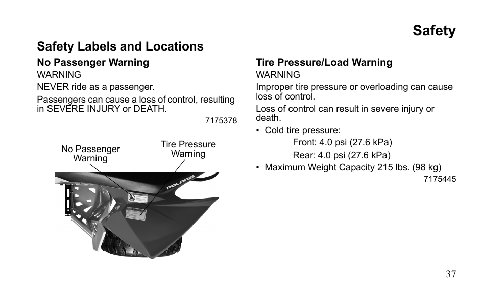 Safety, Safety labels and locations | Polaris Outlaw 9922079 User Manual | Page 40 / 203