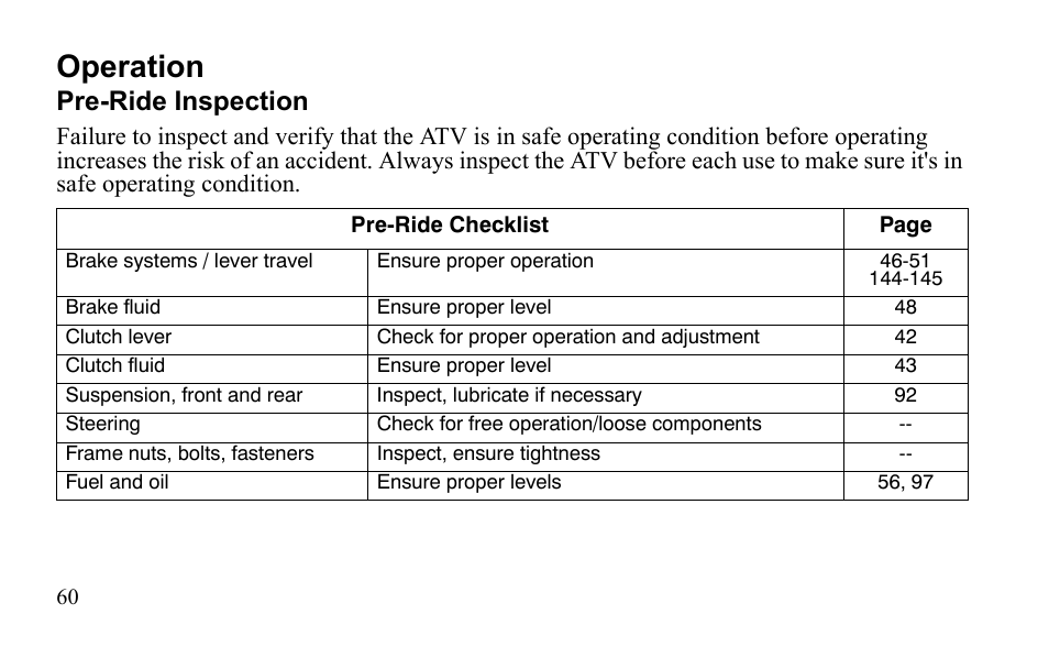 Operation, Pre-ride inspection | Polaris Outlaw 9922079 User Manual | Page 63 / 203