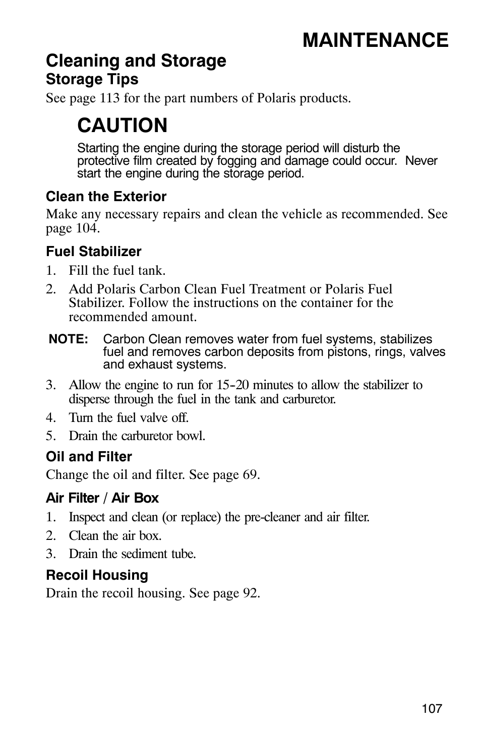 Maintenance, Caution, Cleaning and storage | Polaris Scrambler 9921298 User Manual | Page 110 / 129