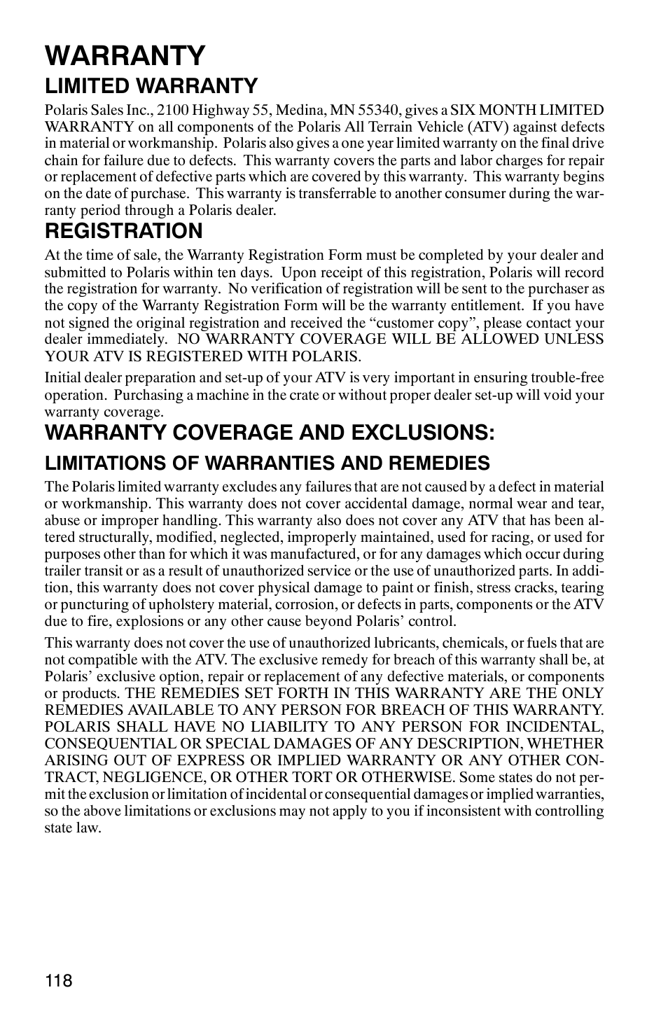 Warranty, Limited warranty, Registration | Warranty coverage and exclusions, Limitations of warranties and remedies | Polaris Scrambler 9921298 User Manual | Page 121 / 129