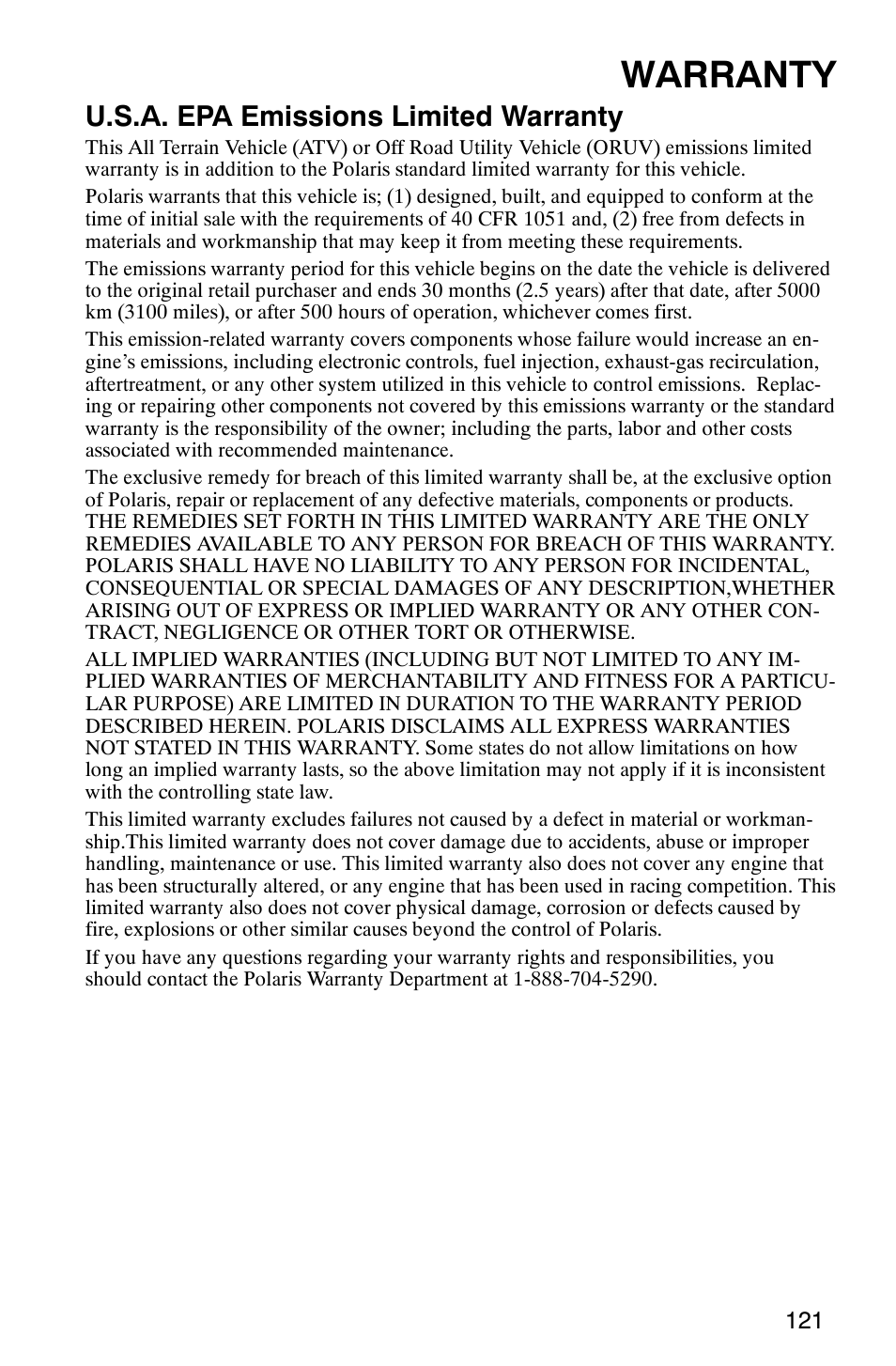 Warranty, U.s.a. epa emissions limited warranty | Polaris Scrambler 9921298 User Manual | Page 124 / 129