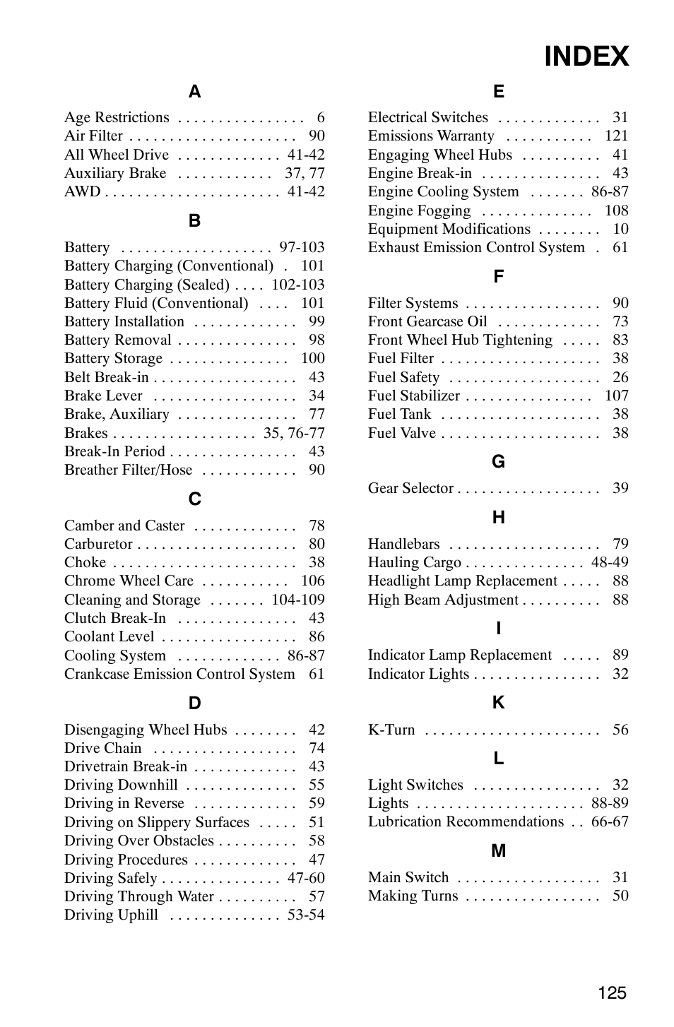 Index | Polaris Scrambler 9921298 User Manual | Page 128 / 129