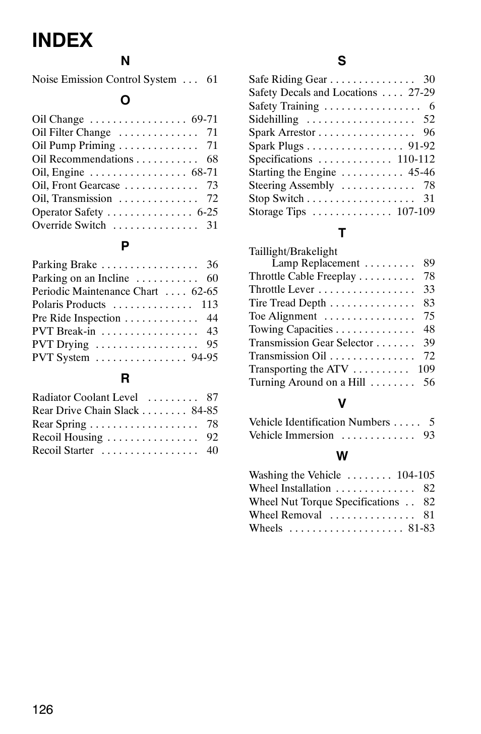 Index | Polaris Scrambler 9921298 User Manual | Page 129 / 129