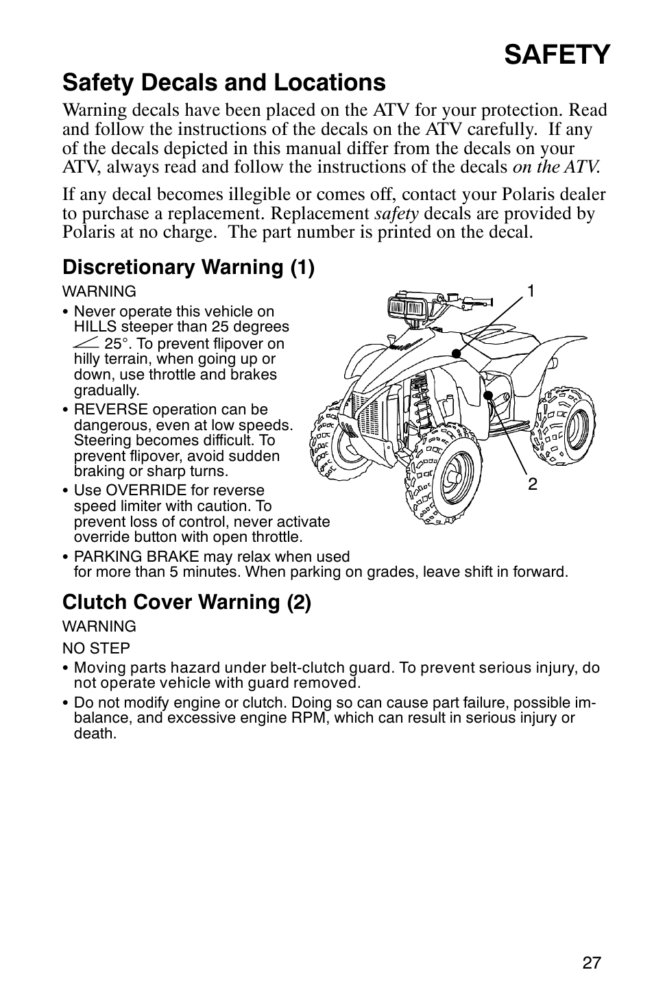 Safety, Safety decals and locations, Discretionary warning (1) | Clutch cover warning (2) | Polaris Scrambler 9921298 User Manual | Page 30 / 129