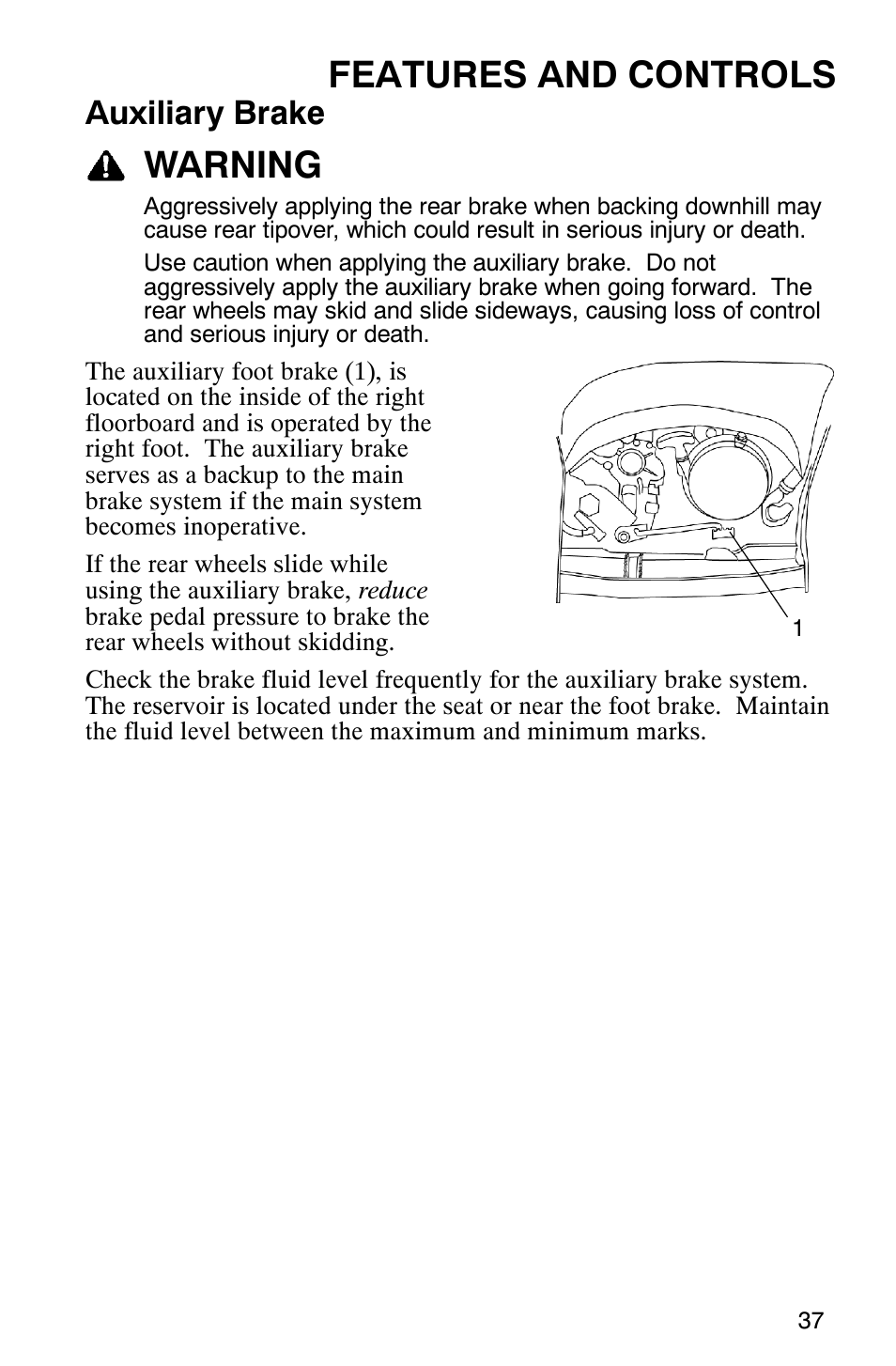 Features and controls, Warning, Auxiliary brake | Polaris Scrambler 9921298 User Manual | Page 40 / 129