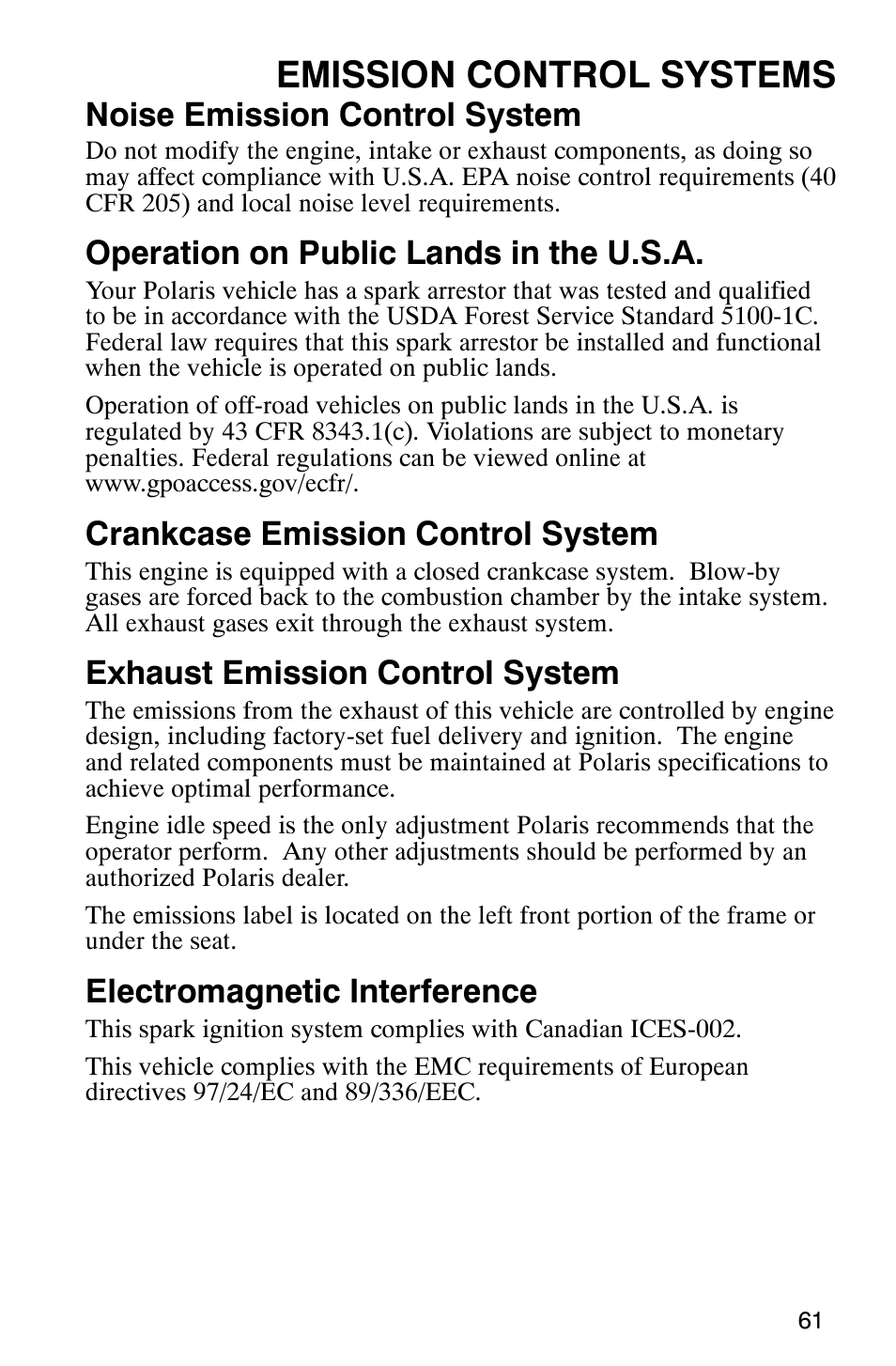 Emission control systems, Noise emission control system, Operation on public lands in the u.s.a | Crankcase emission control system, Exhaust emission control system, Electromagnetic interference | Polaris Scrambler 9921298 User Manual | Page 64 / 129